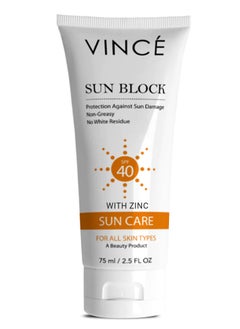 VINCE Sunblock SPF 40 – Broad-Spectrum Protection against Sun’s Harmful UVA/UVB Rays, Pollution & Infrared – Hydrates, Soothes & Prevents Premature Aging – Lightweight, No White Cast, 75ml  - Image 1