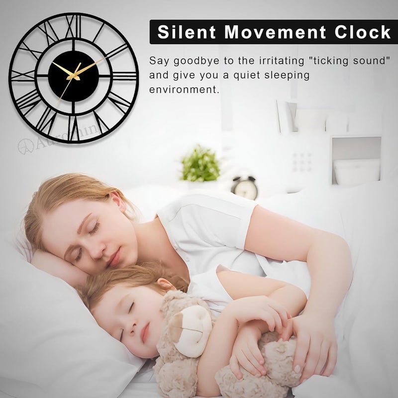 HIRVALL 20 Large Black Roman Numeral Wall Clock Silent Battery Operated Big Metal Decorative Wall Clocks for Living Room Farmhouse - Image 5
