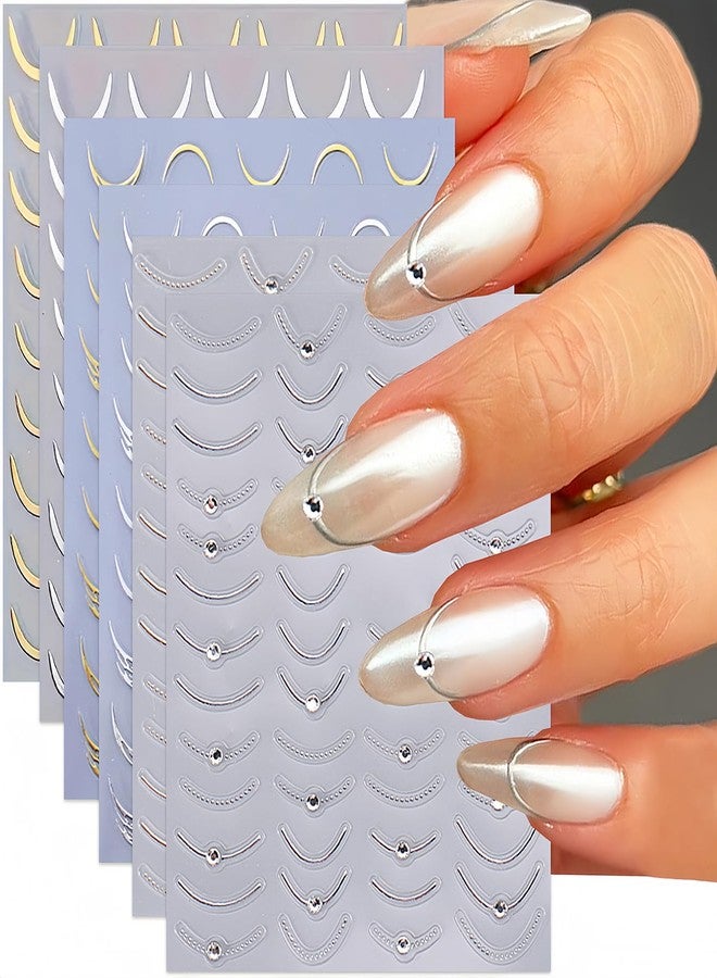 BYJKYEN Crystal Diamond French Tip Nail Stickers for Nail Art, Gold Silver French Tip Nail Decals 3D Self-Adhesive French Tip Nail Art Design Decals French Nail Art Sticker for Women Girls Nail Decoration - Image 1