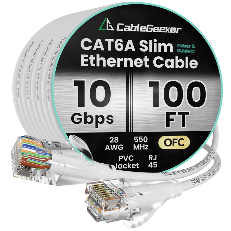 CableGeeker CAT6A Slim Ethernet Cable 100FT, 10Gbps 550MHz High Speed Network Cable with Matte Finish Connector, OFC Pure Copper, PVC Jacket, RJ45 for Gaming, Data Centers, Home & Office (White) - Image 1