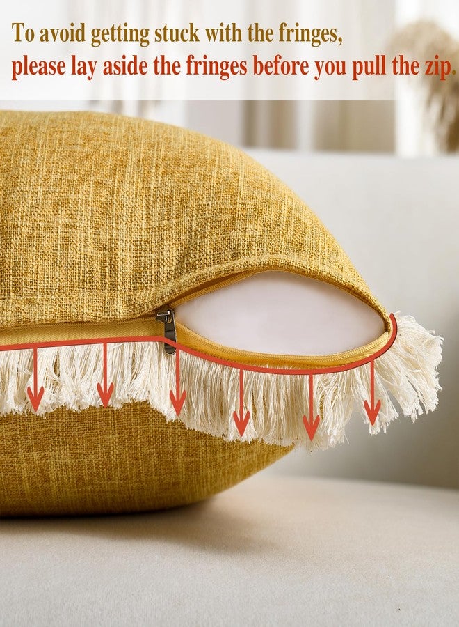 Daptsy Mustard Yellow Faux Linen Decorative Throw Pillow Covers 18x18 Inch Set of 2 Boho Farmhouse Pillowcases with Tassels Rustic Woven Textured Burlap Cushion Cases for Sofa Bed Living Room Home Decor - Image 4