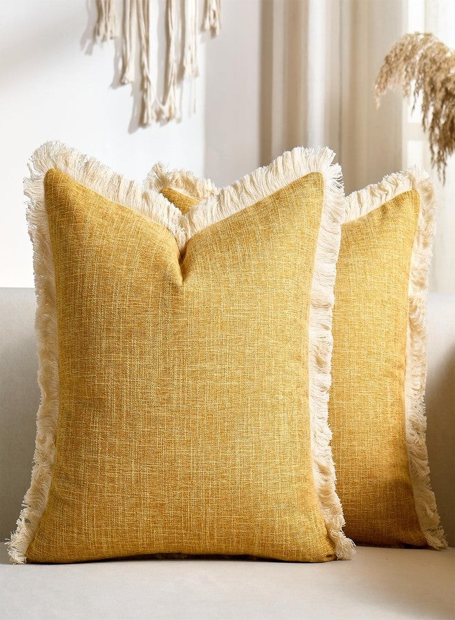 Daptsy Mustard Yellow Faux Linen Decorative Throw Pillow Covers 18x18 Inch Set of 2 Boho Farmhouse Pillowcases with Tassels Rustic Woven Textured Burlap Cushion Cases for Sofa Bed Living Room Home Decor - Image 1
