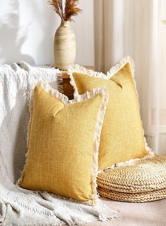 Daptsy Mustard Yellow Faux Linen Decorative Throw Pillow Covers 18x18 Inch Set of 2 Boho Farmhouse Pillowcases with Tassels Rustic Woven Textured Burlap Cushion Cases for Sofa Bed Living Room Home Decor - Image 2