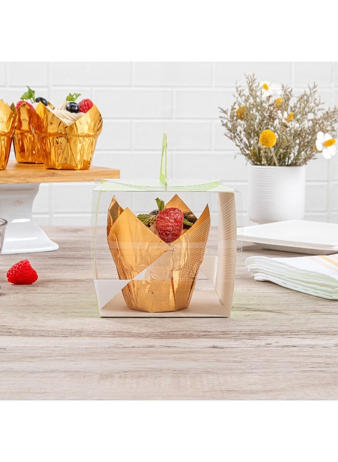 Restaurantware 4 Inch x 4.25 Inch Cupcake Boxes, 100 Disposable Cupcake Display Boxes - With Handle, Geometric Line Accent, Clear Plastic Single Cupcake Containers, For Weddings Or Birthdays  - Image 4