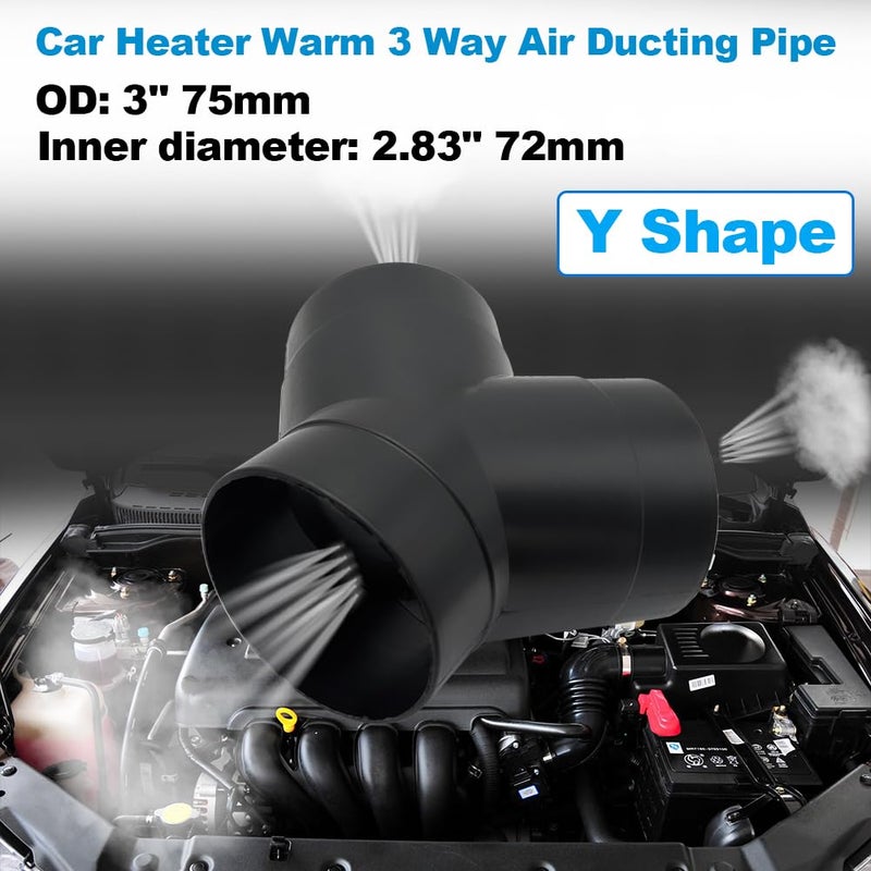 Cotonlake Car Heater Warm Straight 3 Way Air Ducting Pipe 75mm Y Shape Outlet Connector 3 inch Duct Joiner Connector Pipe Black Plastic 2PCS - Image 4