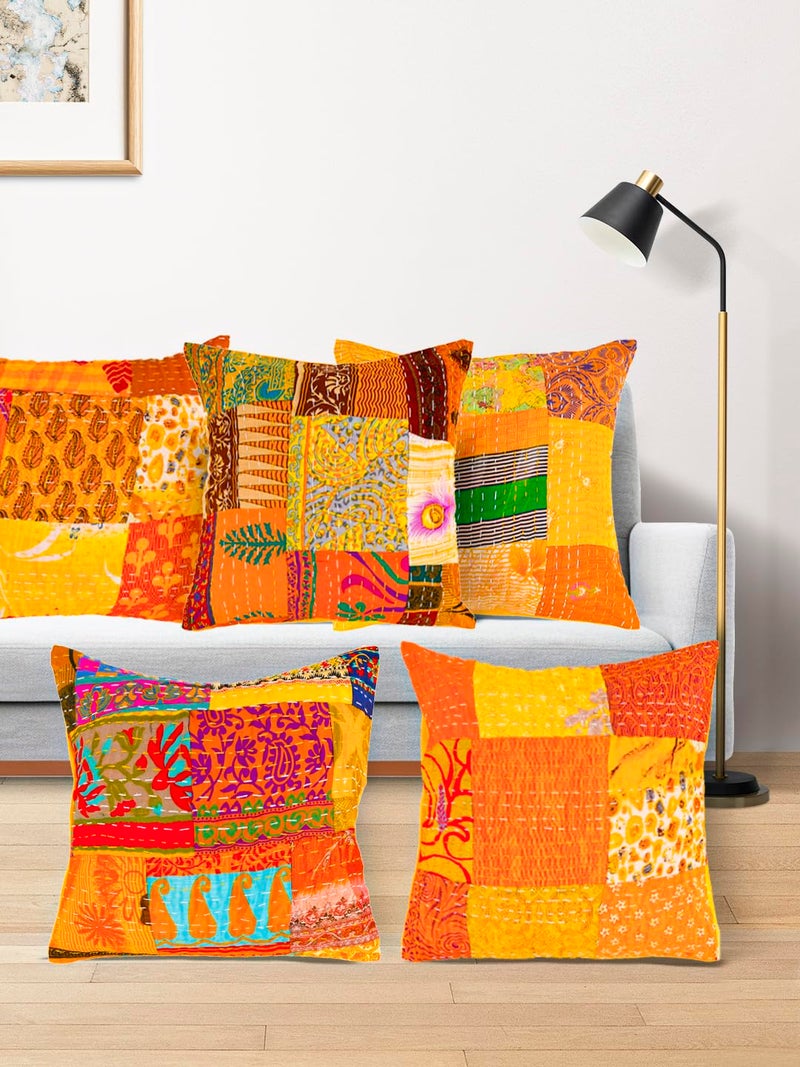 AIVIK Kantha Embroidery Silk Cushion nd Pillow Covers 16 X16 Inch for Sofa Bedroom Bedroom Living Room Office Multicolour Mustard Pack of 5 - Image 3