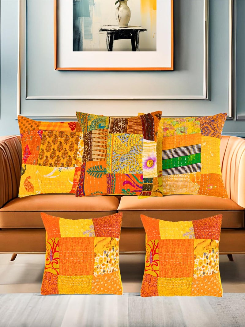 AIVIK Kantha Embroidery Silk Cushion nd Pillow Covers 16 X16 Inch for Sofa Bedroom Bedroom Living Room Office Multicolour Mustard Pack of 5 - Image 2