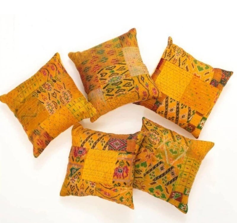 AIVIK Kantha Embroidery Silk Cushion nd Pillow Covers 16 X16 Inch for Sofa Bedroom Bedroom Living Room Office Multicolour Mustard Pack of 5 - Image 4