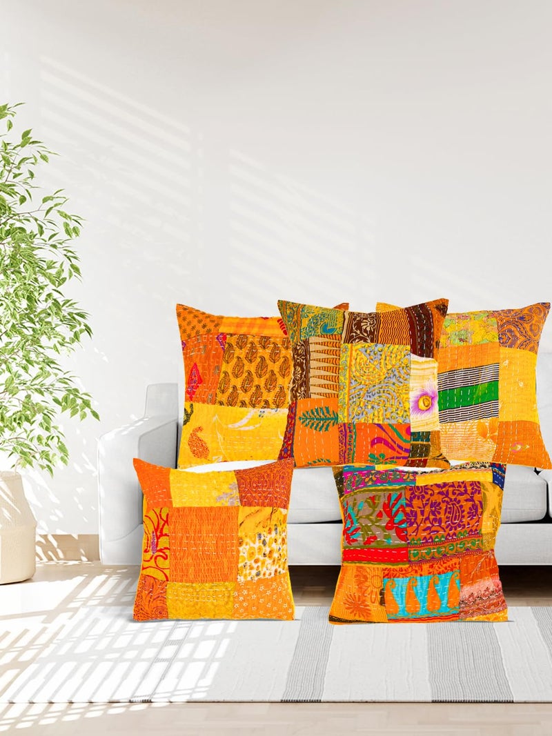 AIVIK Kantha Embroidery Silk Cushion nd Pillow Covers 16 X16 Inch for Sofa Bedroom Bedroom Living Room Office Multicolour Mustard Pack of 5 - Image 1
