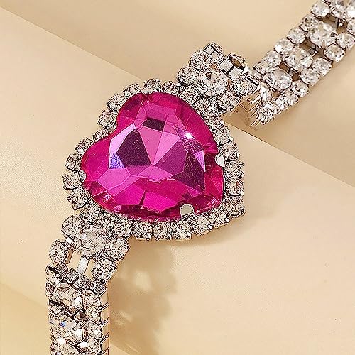 Aktully Rhinestone Pink Heart Necklace for Women Hot Pink Choker Necklace Chunky Heart Necklace Crystal Heart Choker Necklace Prom Necklaces Heart Tennis Necklace for Women Birthday Party Wedding Jewelry Accessories (Silver) - Image 4