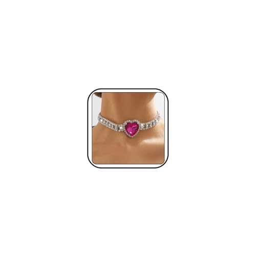 Aktully Rhinestone Pink Heart Necklace for Women Hot Pink Choker Necklace Chunky Heart Necklace Crystal Heart Choker Necklace Prom Necklaces Heart Tennis Necklace for Women Birthday Party Wedding Jewelry Accessories (Silver) - Image 1
