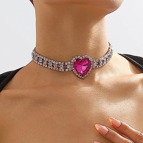 Aktully Rhinestone Pink Heart Necklace for Women Hot Pink Choker Necklace Chunky Heart Necklace Crystal Heart Choker Necklace Prom Necklaces Heart Tennis Necklace for Women Birthday Party Wedding Jewelry Accessories (Silver) - Image 2