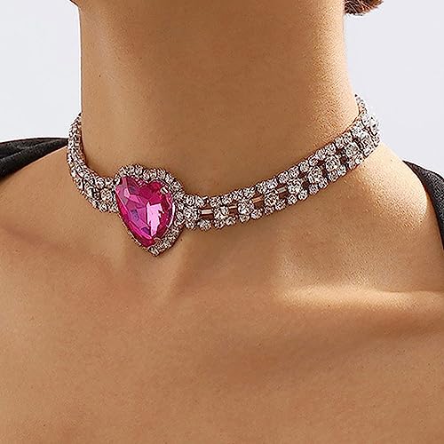 Aktully Rhinestone Pink Heart Necklace for Women Hot Pink Choker Necklace Chunky Heart Necklace Crystal Heart Choker Necklace Prom Necklaces Heart Tennis Necklace for Women Birthday Party Wedding Jewelry Accessories (Silver) - Image 3
