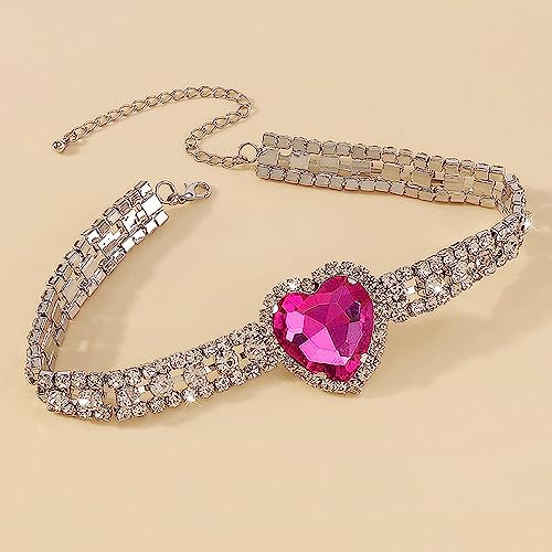 Aktully Rhinestone Pink Heart Necklace for Women Hot Pink Choker Necklace Chunky Heart Necklace Crystal Heart Choker Necklace Prom Necklaces Heart Tennis Necklace for Women Birthday Party Wedding Jewelry Accessories (Silver) - Image 5