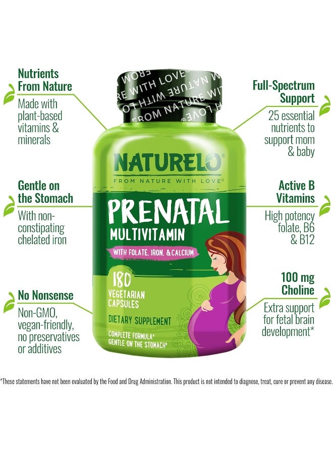 NATURELO Prenatal Multivitamin with Gentle Chelated Iron Methyl Folate Plant Calcium Choline Vegan Vegetarian NonGMO Gluten Free 180 Capsules 2 Month Supply - Image 4