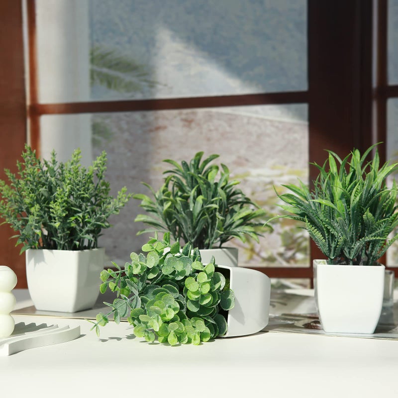 GREENTIME 4 Pack Fake Plants in White Pot Small Artificial Eucalyptus Potted Plant Wheat Grass Mini Faux Potted Plants Greenery for Home Decor Indoor Office Table Room Farmhouse Bathroom Decoration - Image 4