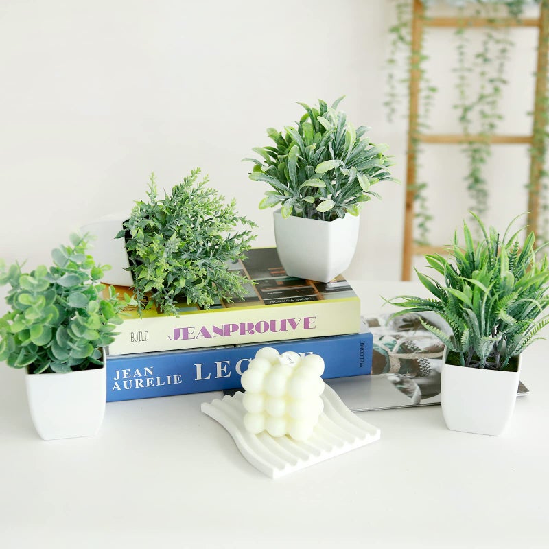GREENTIME 4 Pack Fake Plants in White Pot Small Artificial Eucalyptus Potted Plant Wheat Grass Mini Faux Potted Plants Greenery for Home Decor Indoor Office Table Room Farmhouse Bathroom Decoration - Image 3
