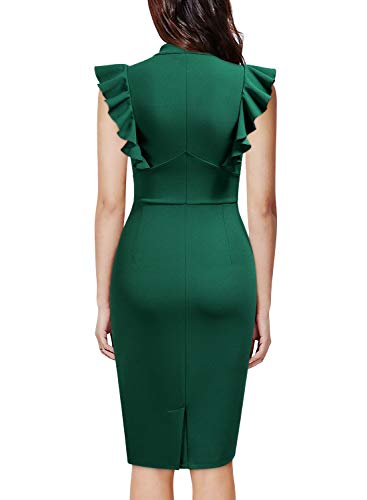 Knitee Women's Vintage Ruffle Sleeve V-Neck Bodycon Evening Party Cocktail Pencil Sheath Dress (Dark Green, Medium) - Image 2