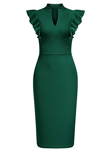 Knitee Women's Vintage Ruffle Sleeve V-Neck Bodycon Evening Party Cocktail Pencil Sheath Dress (Dark Green, Medium) - Image 5