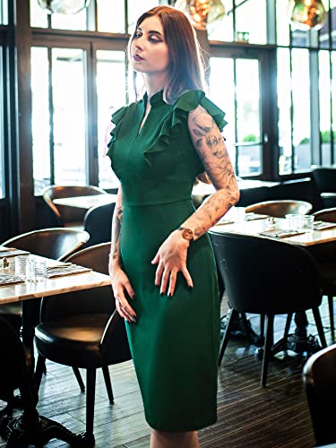 Knitee Women's Vintage Ruffle Sleeve V-Neck Bodycon Evening Party Cocktail Pencil Sheath Dress (Dark Green, Medium) - Image 3