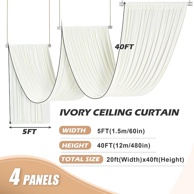 NSSONBEN 20ft×40ft Ivory Ceiling Drapes for Weddings Parties,4 Panels 5×40ft Long Ceiling Curtain for Tent Canopy,Wrinkle Free Silk Easy to Draping&Hang Ivory Drapes for Event Church Stage Photo Bedroom - Image 4