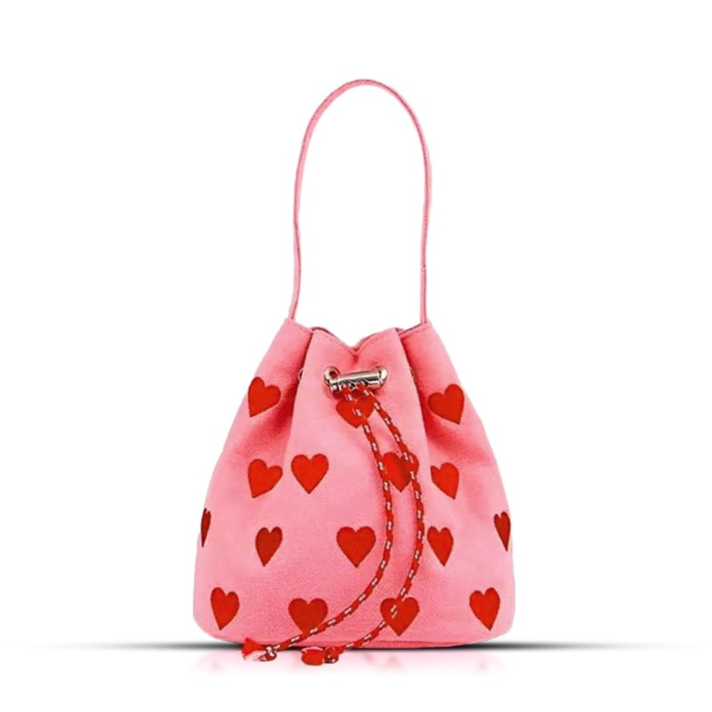 QTKJ Canvas Tote Bag, Crossbody Bags for Women, Pink Heart Embroidery Drawstring Bucket Bag, Cute Handbags, Shoulder Bag Suitable for Vacation, Travel, Daily - Image 1