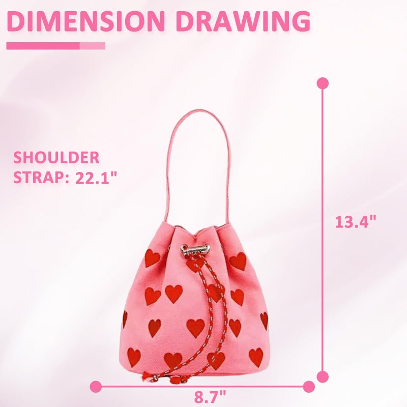 QTKJ Canvas Tote Bag, Crossbody Bags for Women, Pink Heart Embroidery Drawstring Bucket Bag, Cute Handbags, Shoulder Bag Suitable for Vacation, Travel, Daily - Image 4