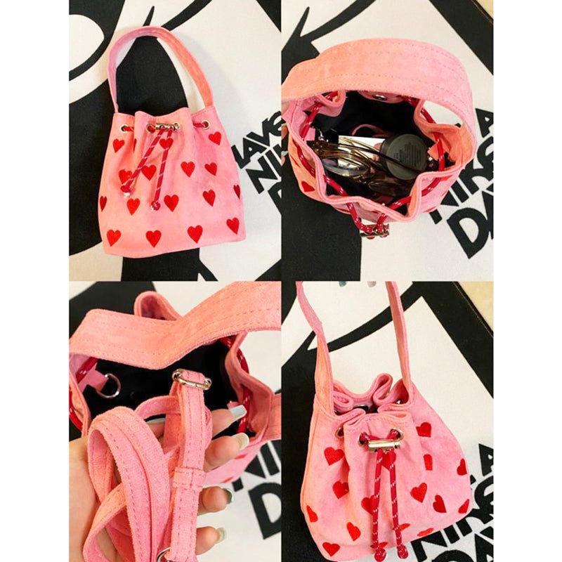 QTKJ Canvas Tote Bag, Crossbody Bags for Women, Pink Heart Embroidery Drawstring Bucket Bag, Cute Handbags, Shoulder Bag Suitable for Vacation, Travel, Daily - Image 5