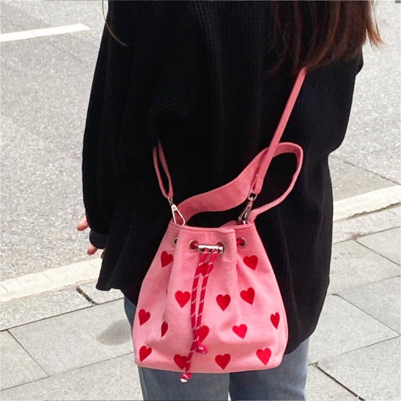 QTKJ Canvas Tote Bag, Crossbody Bags for Women, Pink Heart Embroidery Drawstring Bucket Bag, Cute Handbags, Shoulder Bag Suitable for Vacation, Travel, Daily - Image 2