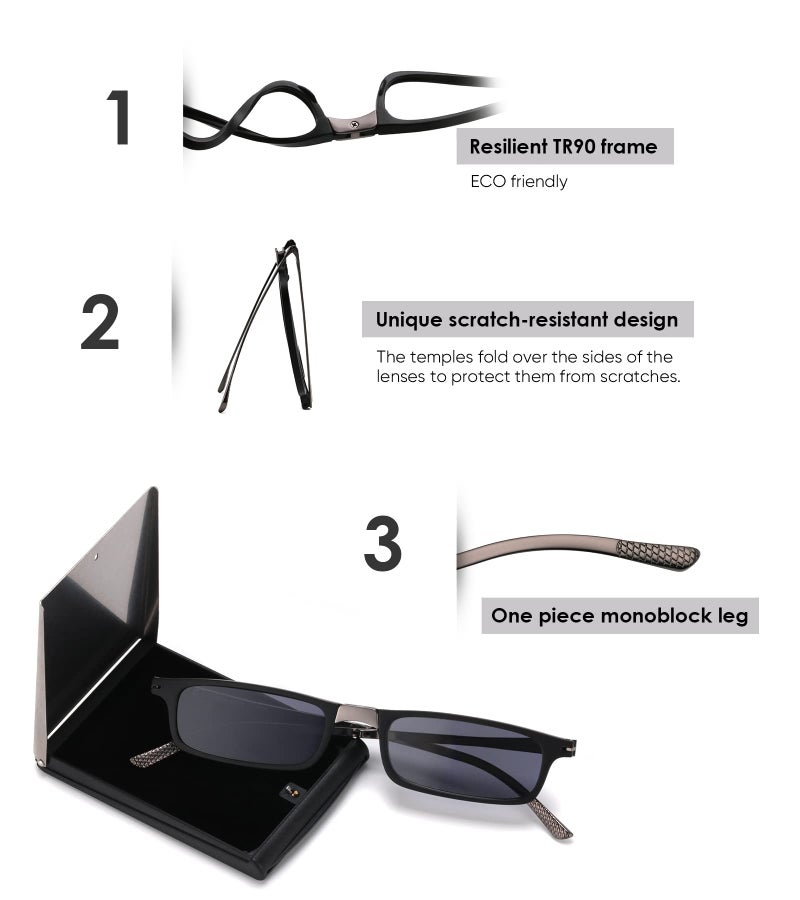 SKYOAK Unbreakable Evolved Folding Reading Sunglasses Women Men Blue Light Blocking Anti UV Eyestrain Foldable Portable Compact Lens Sun Readers Upgraded Metal Case Pocket Computer glasses 2.5 BLACK - Image 3