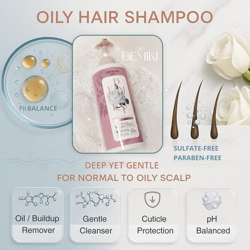 DEMIKI Shampoo for Women,Japanese Shampoo for Oily Hair, Sulfate Free & Paraben Free, Keratin Care,Organic Rose Scent, Clarifying,Moisturizing, Volumizing Hair Care, Anti Dandruff 450ml,16oz - Image 3
