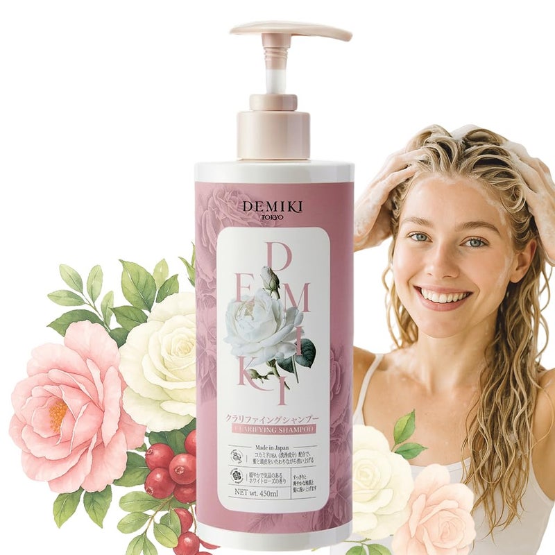 DEMIKI Shampoo for Women,Japanese Shampoo for Oily Hair, Sulfate Free & Paraben Free, Keratin Care,Organic Rose Scent, Clarifying,Moisturizing, Volumizing Hair Care, Anti Dandruff 450ml,16oz - Image 1