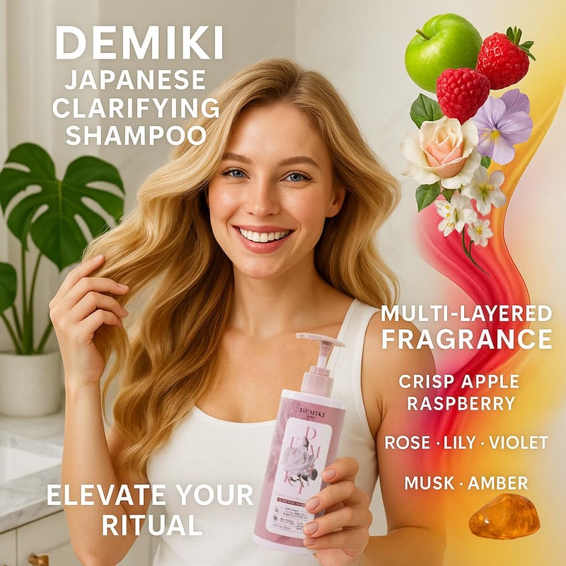 DEMIKI Shampoo for Women,Japanese Shampoo for Oily Hair, Sulfate Free & Paraben Free, Keratin Care,Organic Rose Scent, Clarifying,Moisturizing, Volumizing Hair Care, Anti Dandruff 450ml,16oz - Image 2