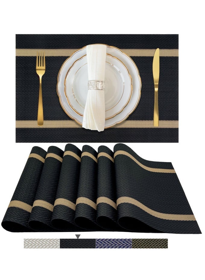BLACK PLACEMATS SET OF 6 - WASHABLE EASY CLEAN VINYL PLACEMATS - HEAT RESISTANT PVC PLACE MATS - TABLE MATS FOR DINING TABLE