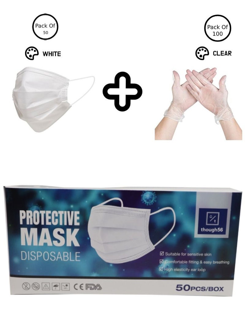 though56 50-Pieces 3 Ply Disposable Face Mask And 100 Pieces Vinyl Gloves For Adults - Image 1