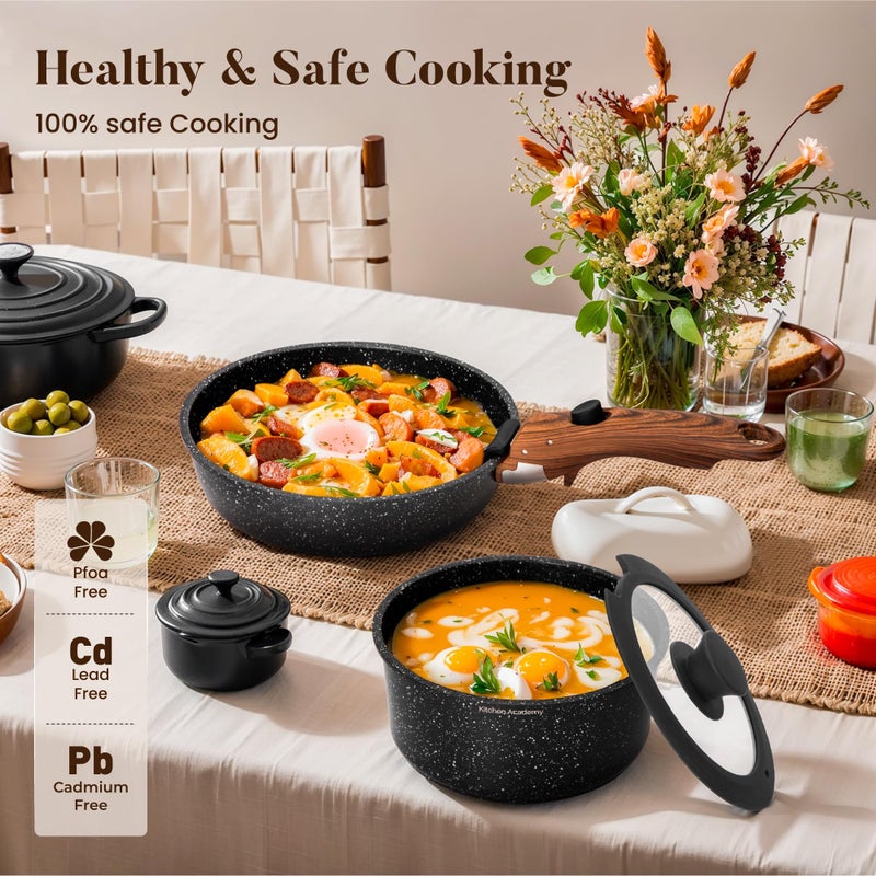 Kitchen Academy Removable Handle Induction Pots and Pans Set - 10 Piece Non-stick Cookware Sets, Black Granite Stackable RV Cookware for Camp - Image 5
