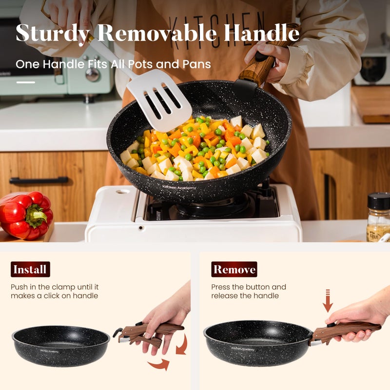 Kitchen Academy Removable Handle Induction Pots and Pans Set - 10 Piece Non-stick Cookware Sets, Black Granite Stackable RV Cookware for Camp - Image 2