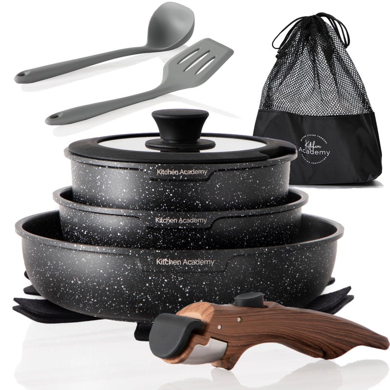 Kitchen Academy Removable Handle Induction Pots and Pans Set - 10 Piece Non-stick Cookware Sets, Black Granite Stackable RV Cookware for Camp - Image 1