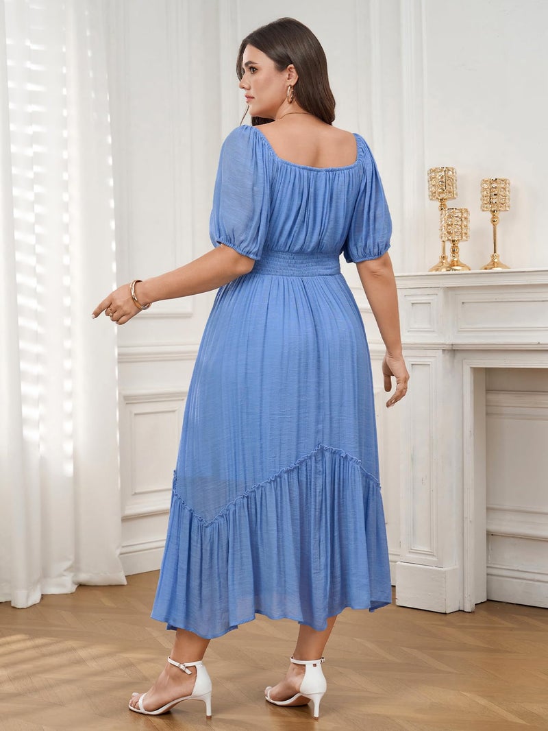 SHESTARR Women's Plus Size Dress Short Sleeve Square Neck Tie Front Ruffle Hem Boho Maxi Milkmaid Dress Sky Blue - Image 3
