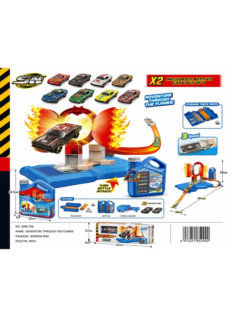 Toy Car Track Set with Flame Adventure Theme and Storage Bottles, 8 Cars Included