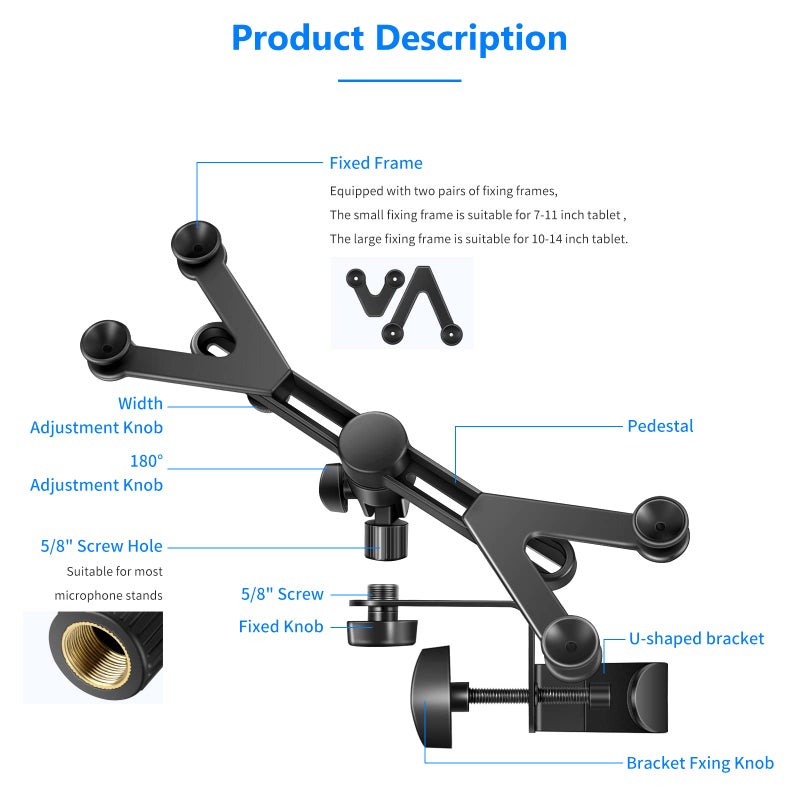 Neewer Adjustable Tablet Holder Mount with 360 Degree Swivel Clamp - Compatible with iPad, iPad Pro, Nexus, Galaxy - Image 2