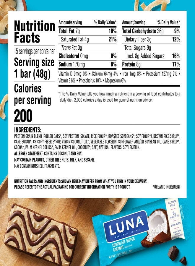 Clif Bar LUNA BAR - Gluten Free Snack Bars - Chocolate Dipped Coconut Flavor -8g of protein - Non-GMO - Plant-Based Wholesome Snacking - On the Go Snacks (1.69 Ounce Snack Bars, 15 Count) - Image 4
