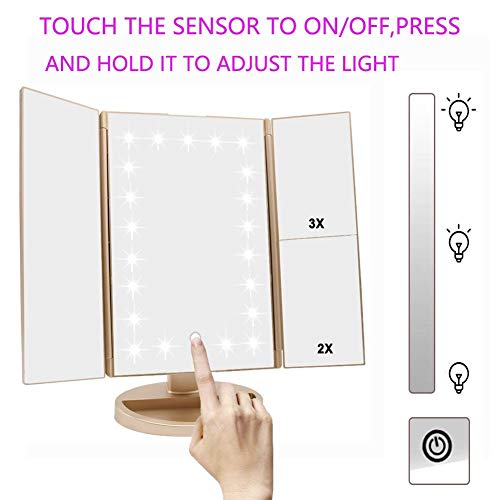 deweisn Floor Mount Tri-Fold Lighted Vanity Mirror with 21 LED Lights, Touch Screen and 3X/2X/1X Magnification, Two Power Supply Modes Make Up Mirror,Travel Mirror - Image 4