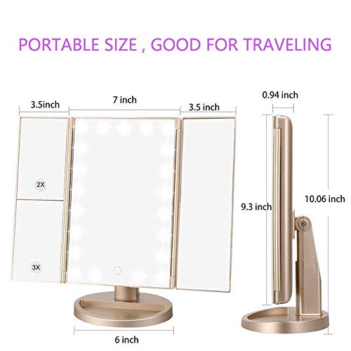 deweisn Floor Mount Tri-Fold Lighted Vanity Mirror with 21 LED Lights, Touch Screen and 3X/2X/1X Magnification, Two Power Supply Modes Make Up Mirror,Travel Mirror - Image 5