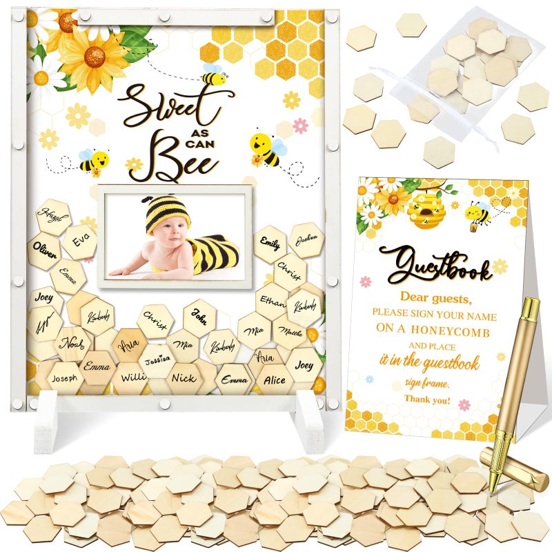Beeveer 65 Pcs Sweet As Can Bee Baby Shower Decorations Bee Baby Shower Guest Book Alternatives He or She Gender Reveal Decorations Sign in Guest Book with Picture Frame and 60 Wooden Chip Decors - Image 2