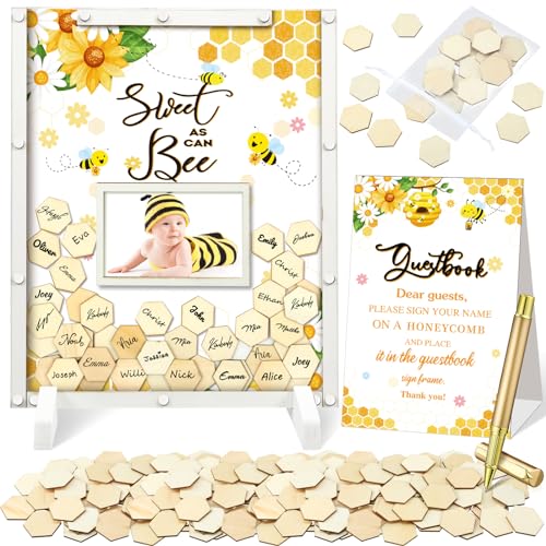 Beeveer 65 Pcs Sweet As Can Bee Baby Shower Decorations Bee Baby Shower Guest Book Alternatives He or She Gender Reveal Decorations Sign in Guest Book with Picture Frame and 60 Wooden Chip Decors - Image 1