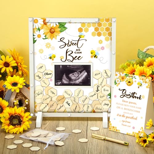 Beeveer 65 Pcs Sweet As Can Bee Baby Shower Decorations Bee Baby Shower Guest Book Alternatives He or She Gender Reveal Decorations Sign in Guest Book with Picture Frame and 60 Wooden Chip Decors - Image 3