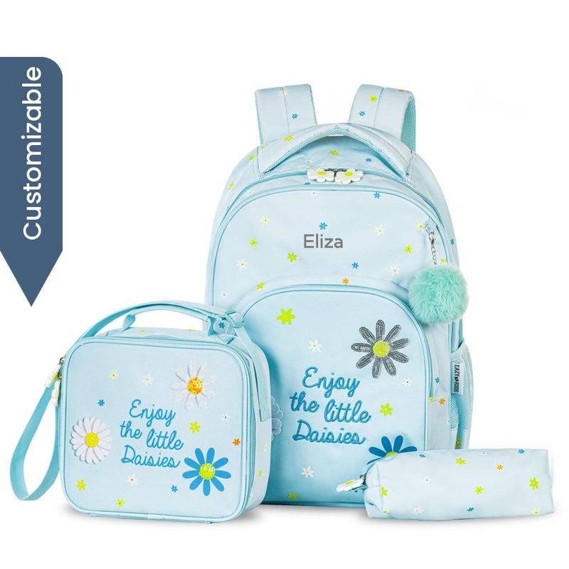 Eazy Kids - Personalized 17" School Bag Set of 3 w/Lunch Bag and Pencil Pouch - Little Daisy Green - Image 1