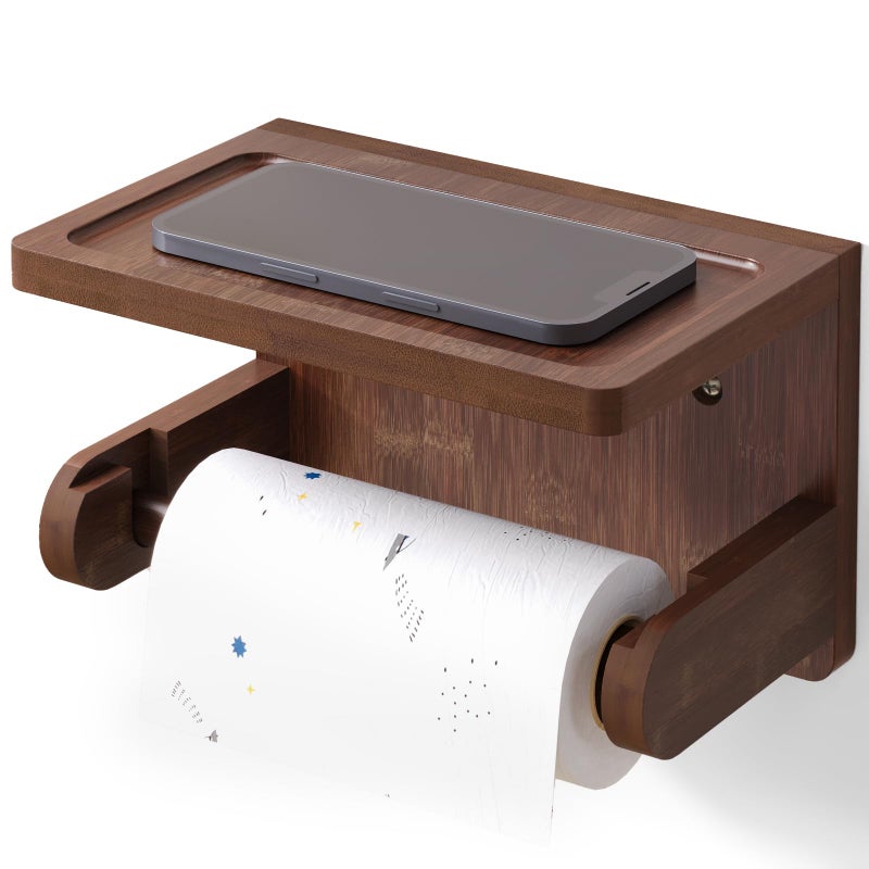 Vertorgan Toilet Paper Holder With Phone Shelf Bamboo Wall Mounted Tissue Roll Holder For Bathroom (Brown) - Image 1