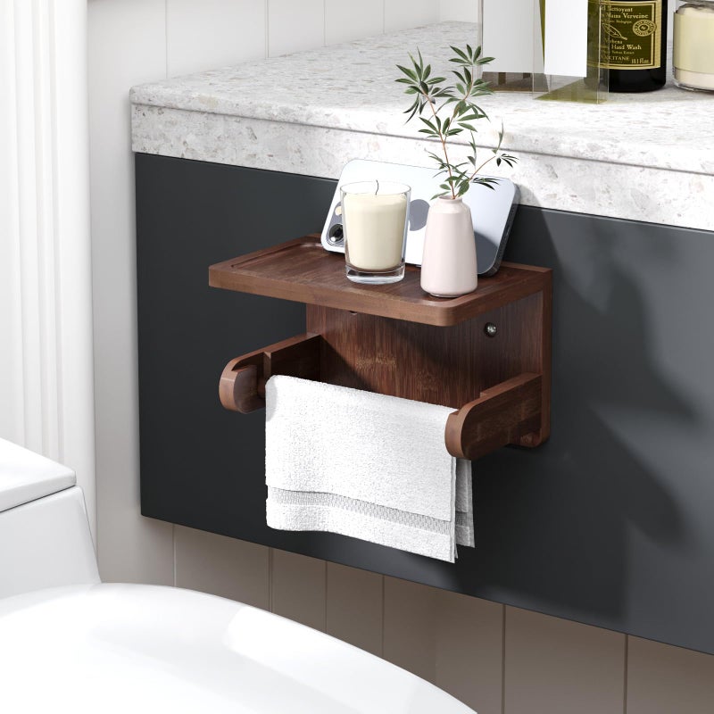 Vertorgan Toilet Paper Holder With Phone Shelf Bamboo Wall Mounted Tissue Roll Holder For Bathroom (Brown) - Image 4